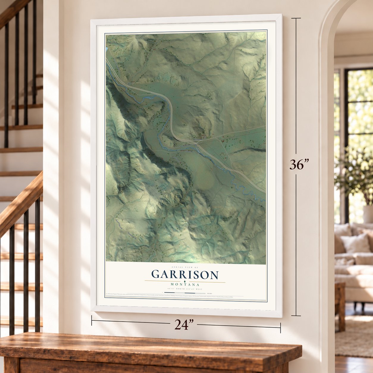 Garrison, Montana map, 24 x 36 inch print in a white frame by a staircase