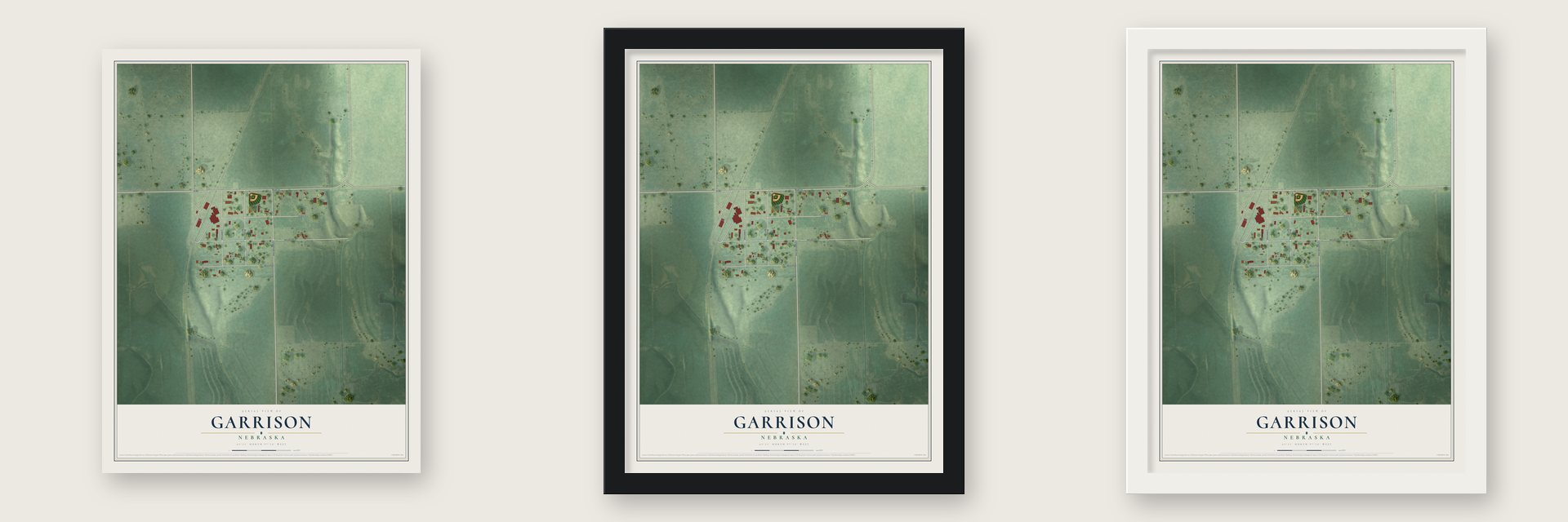 Garrison, Nebraska map unframed, in a black wood frame and in a white wood frame