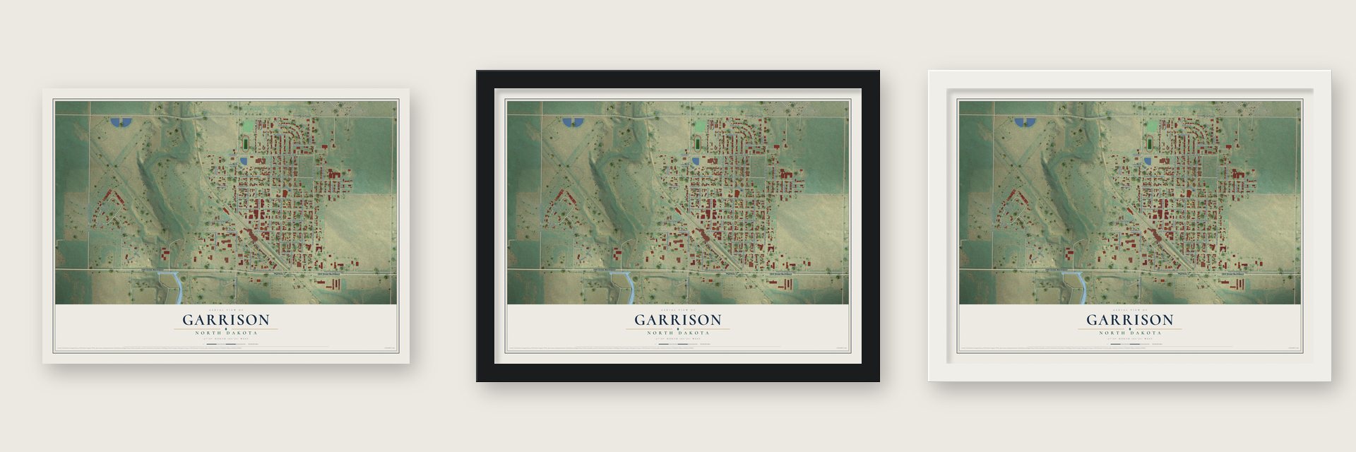 Garrison, North Dakota map unframed, in a black wood frame and in a white wood frame