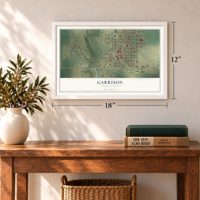Garrison, North Dakota map, 12 x 18 inch print in a white frame in an entryway