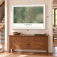 Garrison, North Dakota map, 24 x 36 inch print in a white frame above a dresser by a staircase