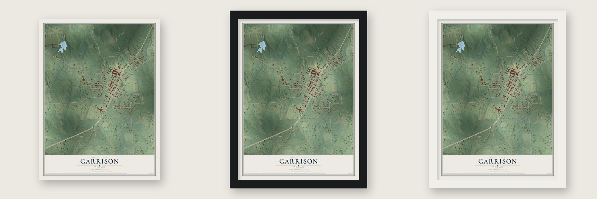 Garrison, Texas map unframed, in a black wood frame and in a white wood frame