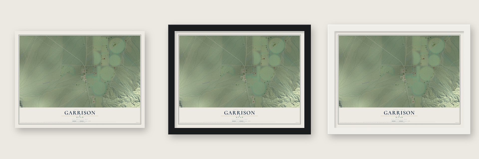 Garrison, Utah map unframed, in a black wood frame and in a white wood frame