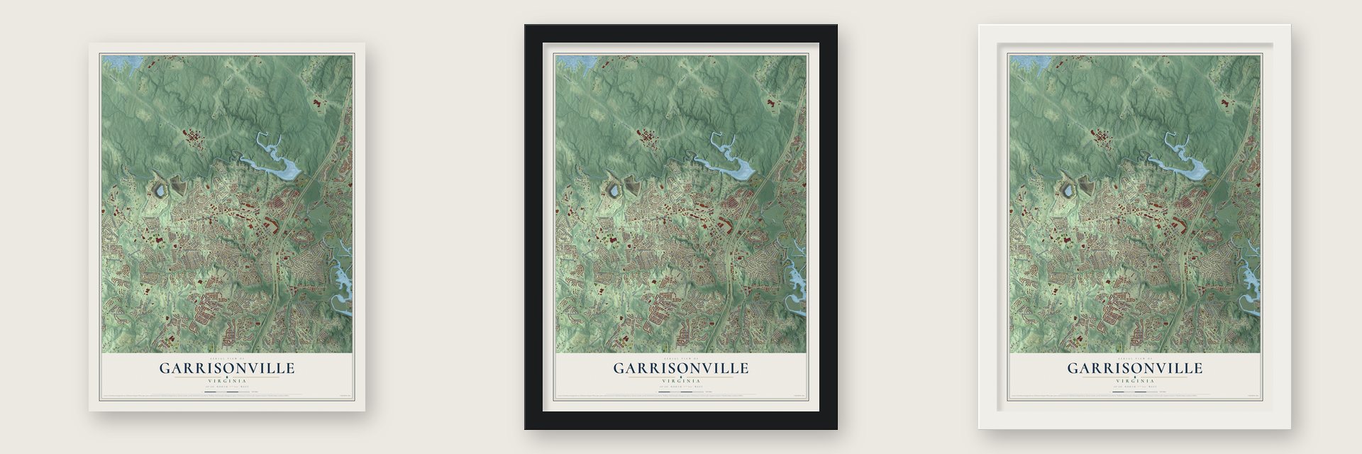 Garrisonville, Virginia map unframed, in a black wood frame and in a white wood frame