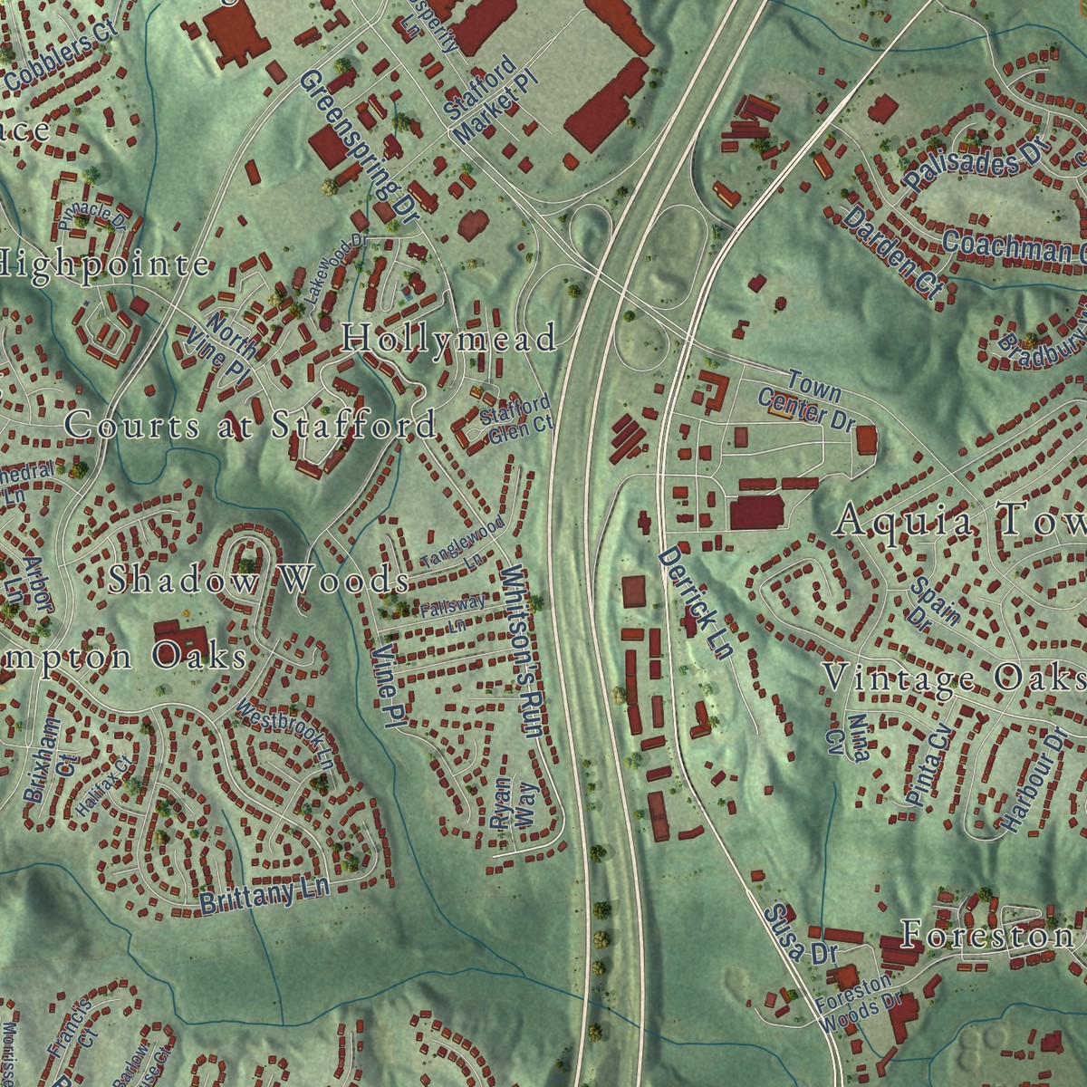 Second close-up of the map of Garrisonville, Virginia print showing more streets and buildings