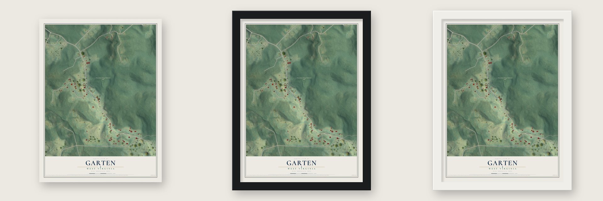 Garten, West Virginia map unframed, in a black wood frame and in a white wood frame