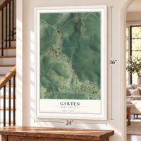 Garten, West Virginia map, 24 x 36 inch print in a white frame by a staircase