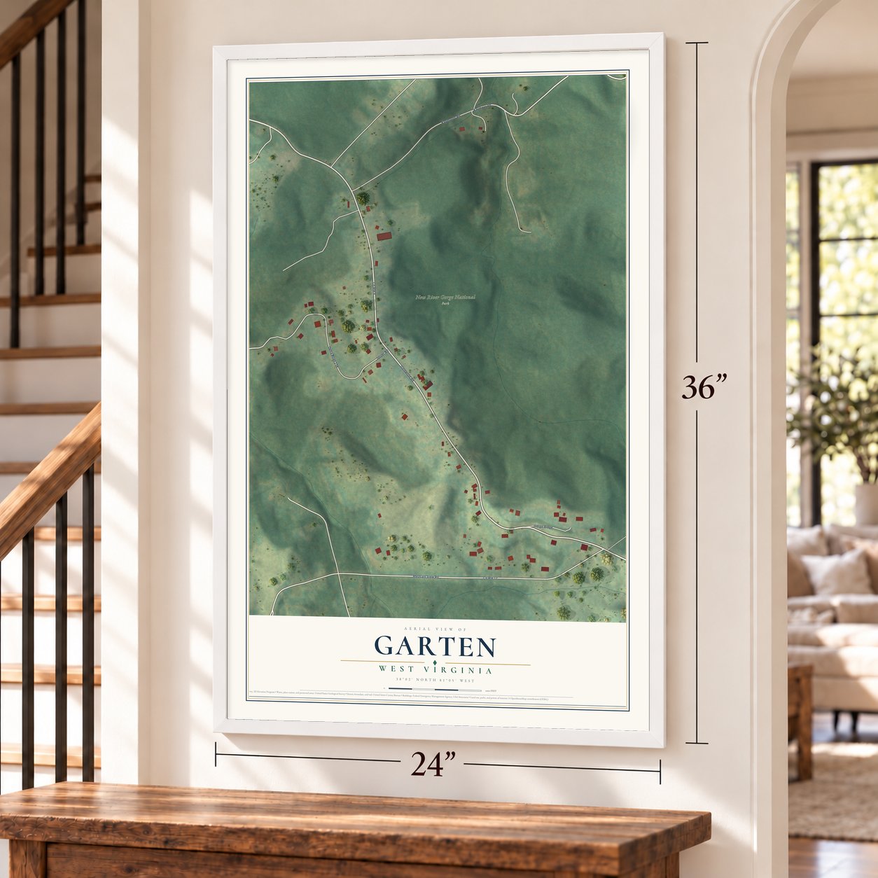 Garten, West Virginia map, 24 x 36 inch print in a white frame by a staircase