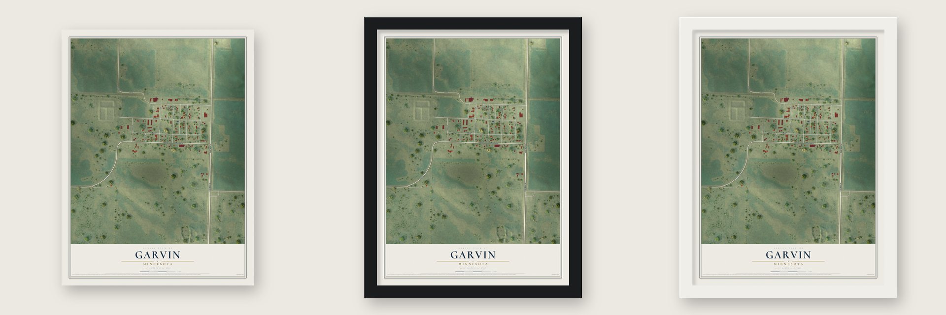 Garvin, Minnesota map unframed, in a black wood frame and in a white wood frame
