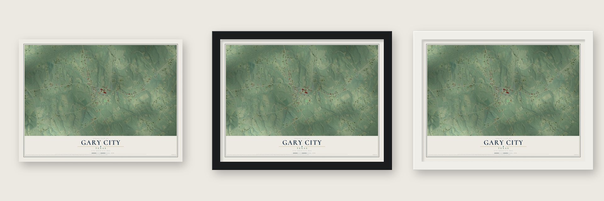 Gary City, Texas map unframed, in a black wood frame and in a white wood frame