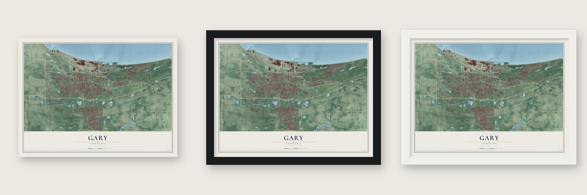 Gary, Indiana map unframed, in a black wood frame and in a white wood frame