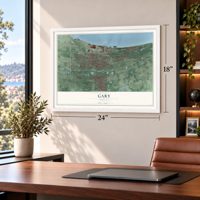 Gary, Indiana map, 18 x 24 inch print in a white frame in a home office