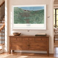 Gary, Indiana map, 24 x 36 inch print in a white frame above a dresser by a staircase