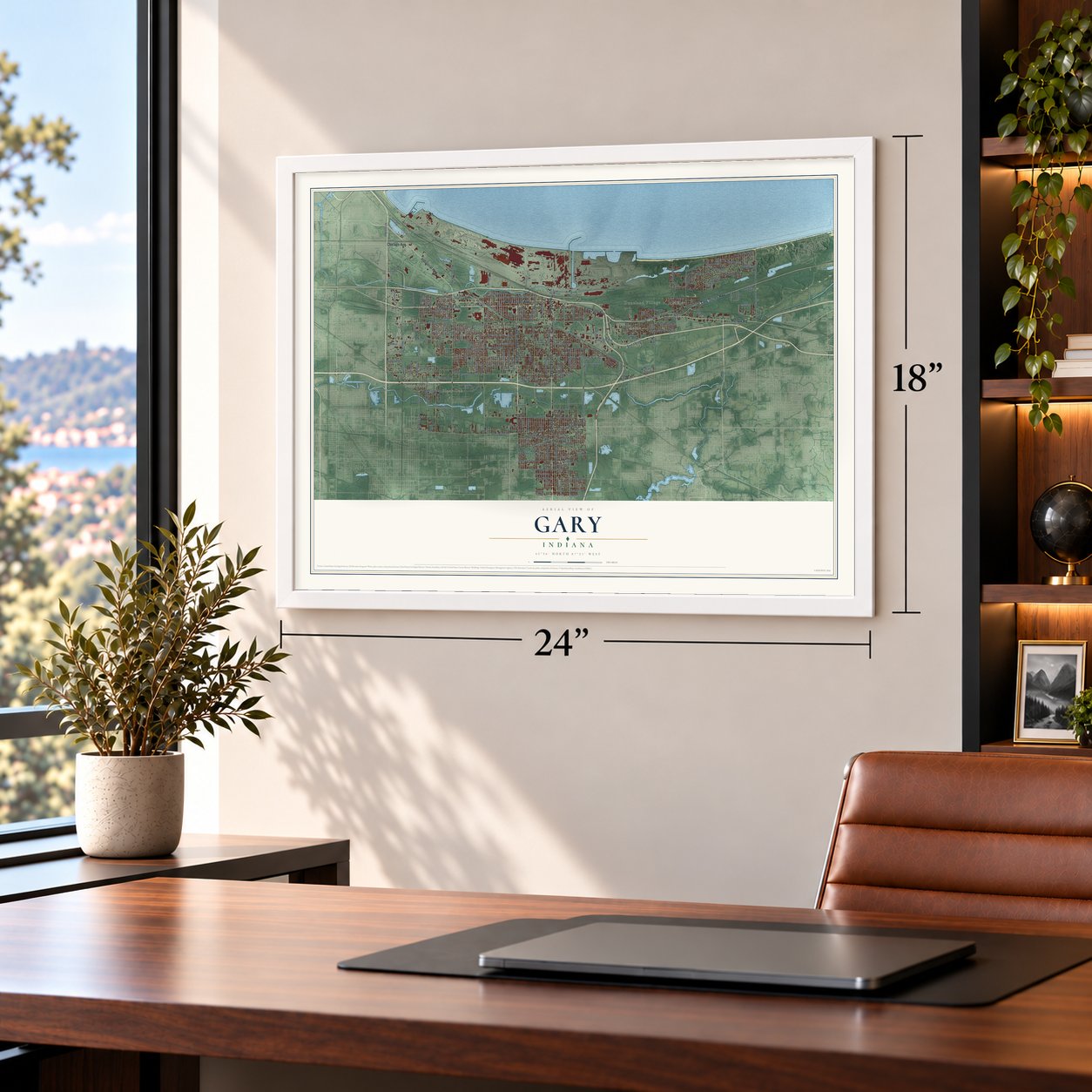 Gary, Indiana map, 18 x 24 inch print in a white frame in a home office