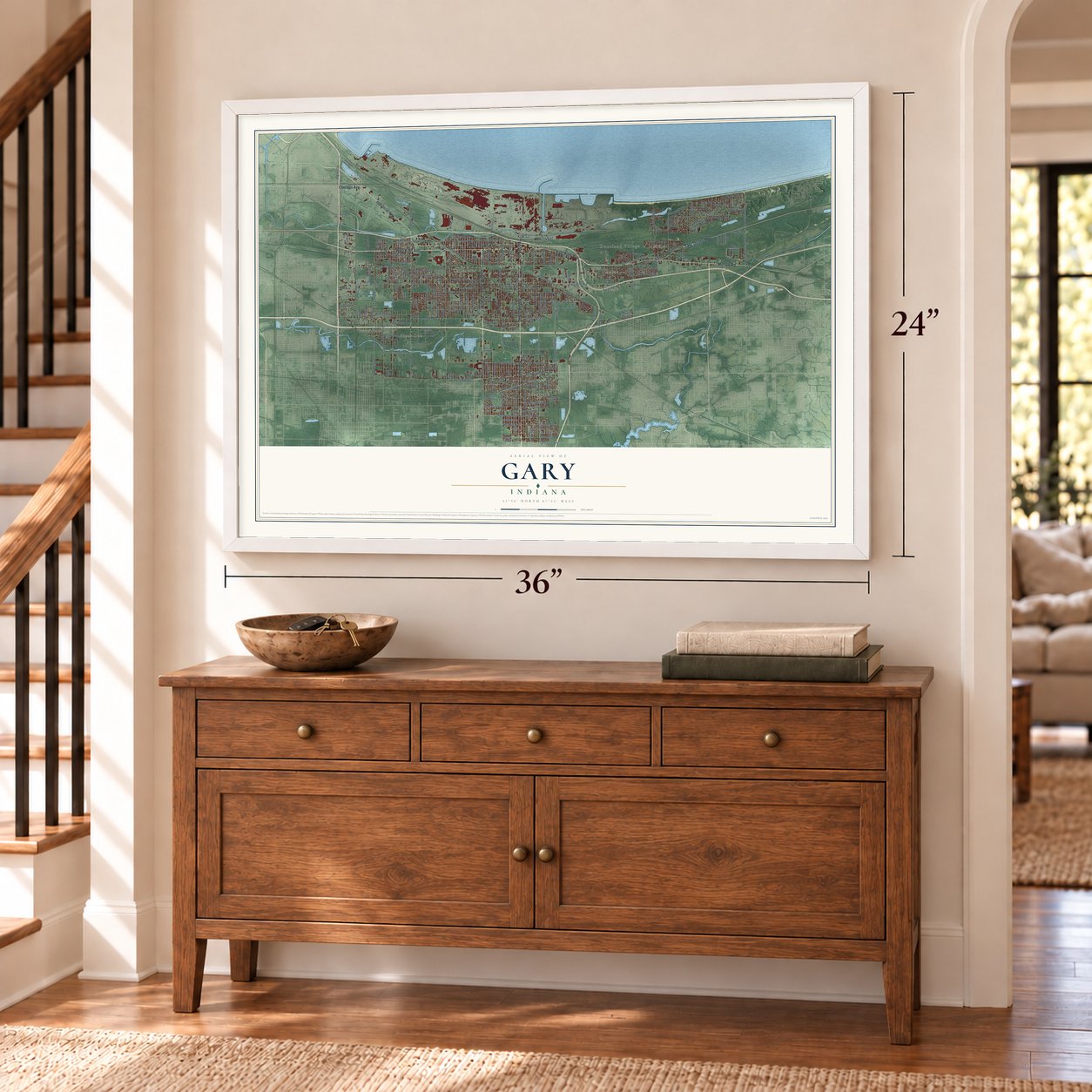 Gary, Indiana map, 24 x 36 inch print in a white frame above a dresser by a staircase