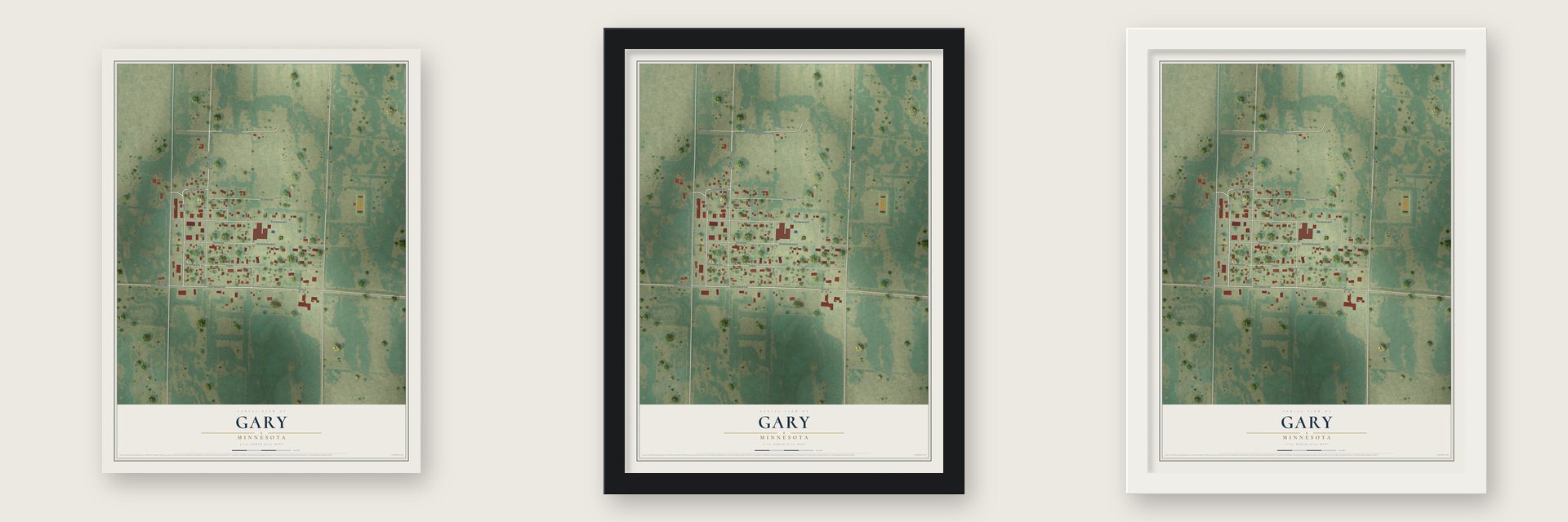 Gary, Minnesota map unframed, in a black wood frame and in a white wood frame