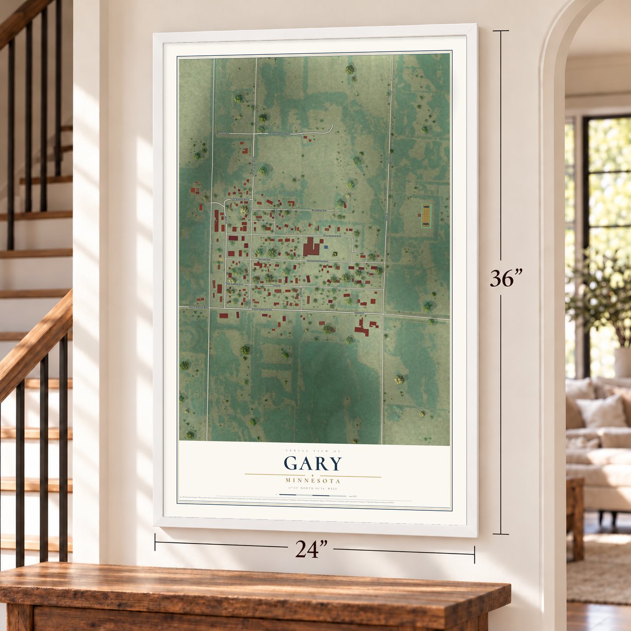 Gary, Minnesota map, 24 x 36 inch print in a white frame by a staircase