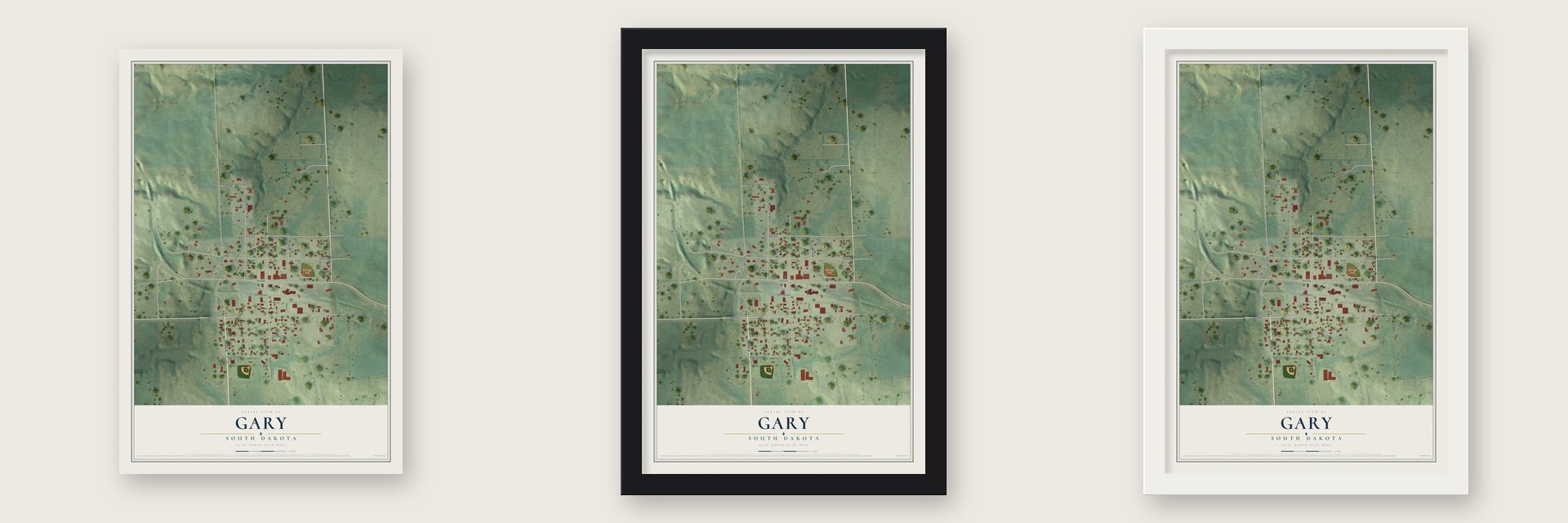 Gary, South Dakota map unframed, in a black wood frame and in a white wood frame