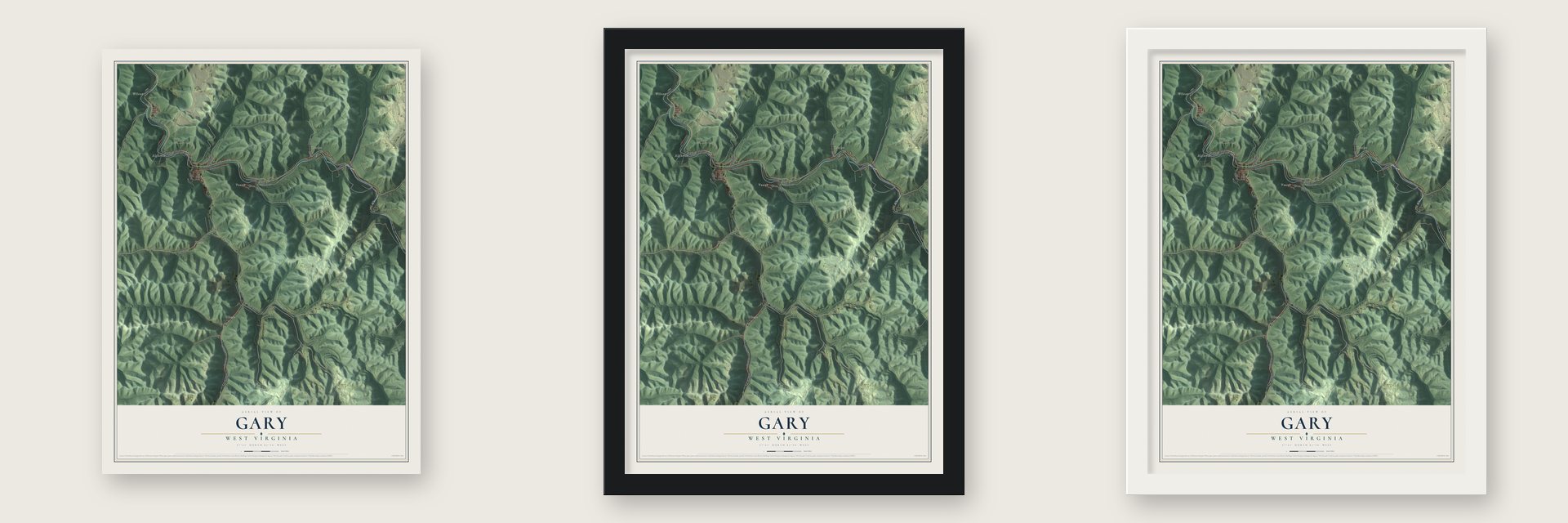 Gary, West Virginia map unframed, in a black wood frame and in a white wood frame