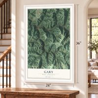Gary, West Virginia map, 24 x 36 inch print in a white frame by a staircase
