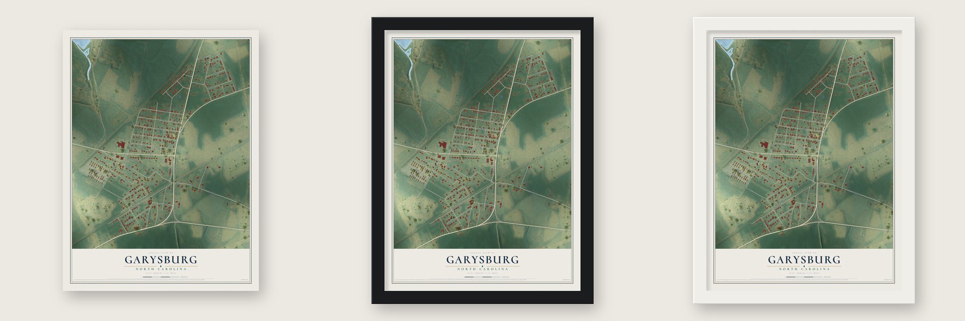 Garysburg, North Carolina map unframed, in a black wood frame and in a white wood frame