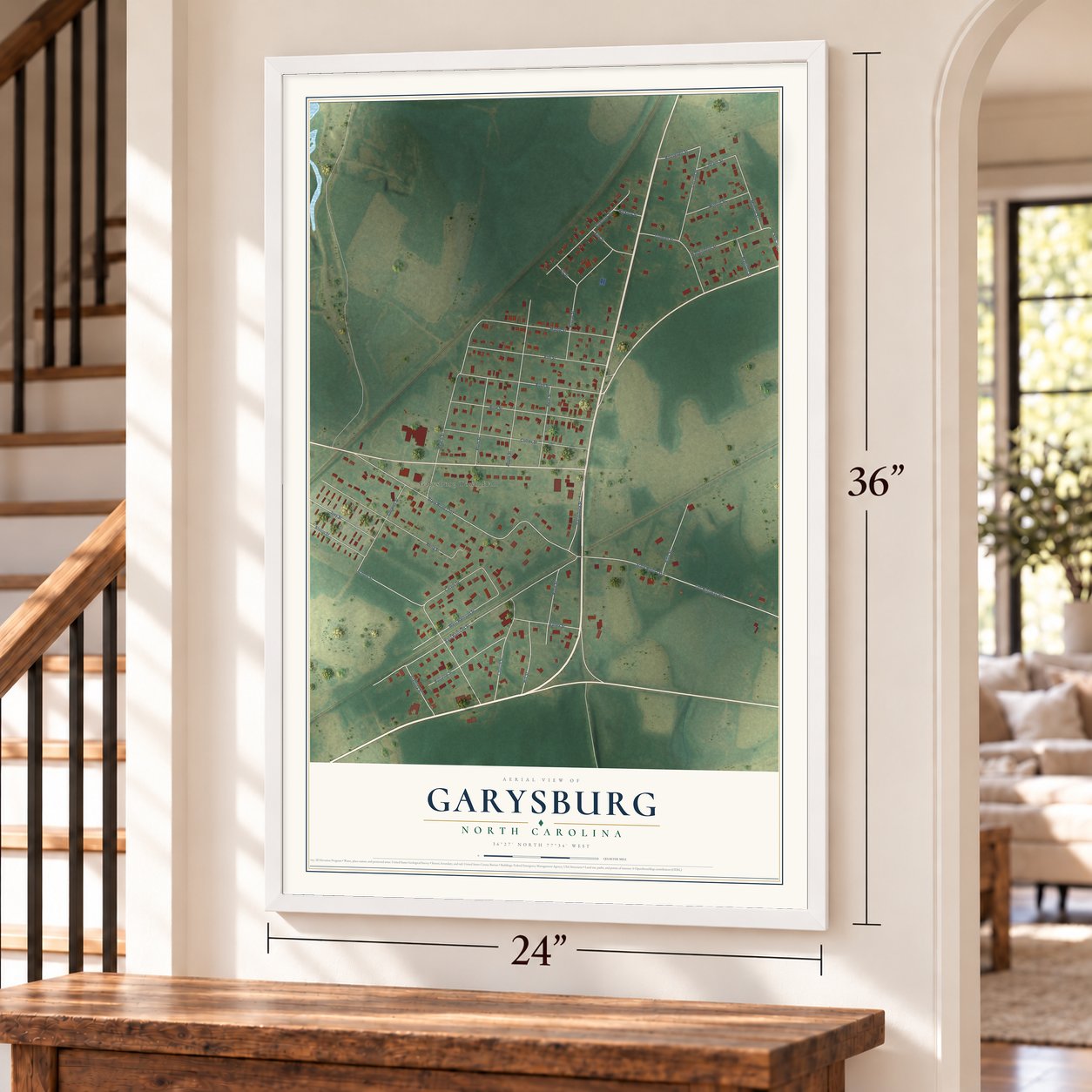 Garysburg, North Carolina map, 24 x 36 inch print in a white frame by a staircase