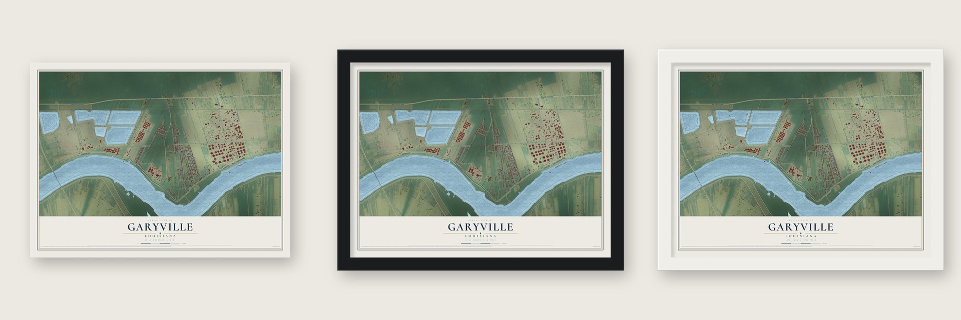 Garyville, Louisiana map unframed, in a black wood frame and in a white wood frame