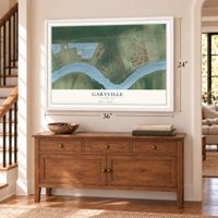 Garyville, Louisiana map, 24 x 36 inch print in a white frame above a dresser by a staircase