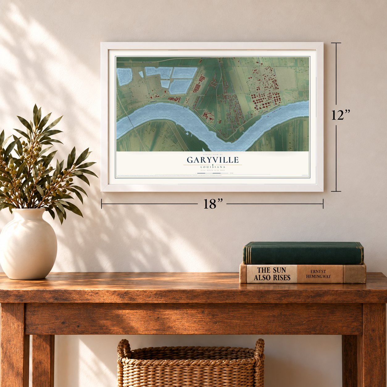 Garyville, Louisiana map, 12 x 18 inch print in a white frame in an entryway
