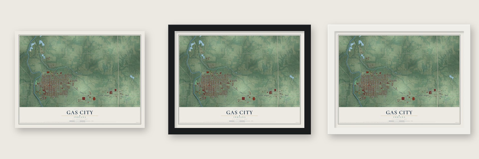 Gas City, Indiana map unframed, in a black wood frame and in a white wood frame