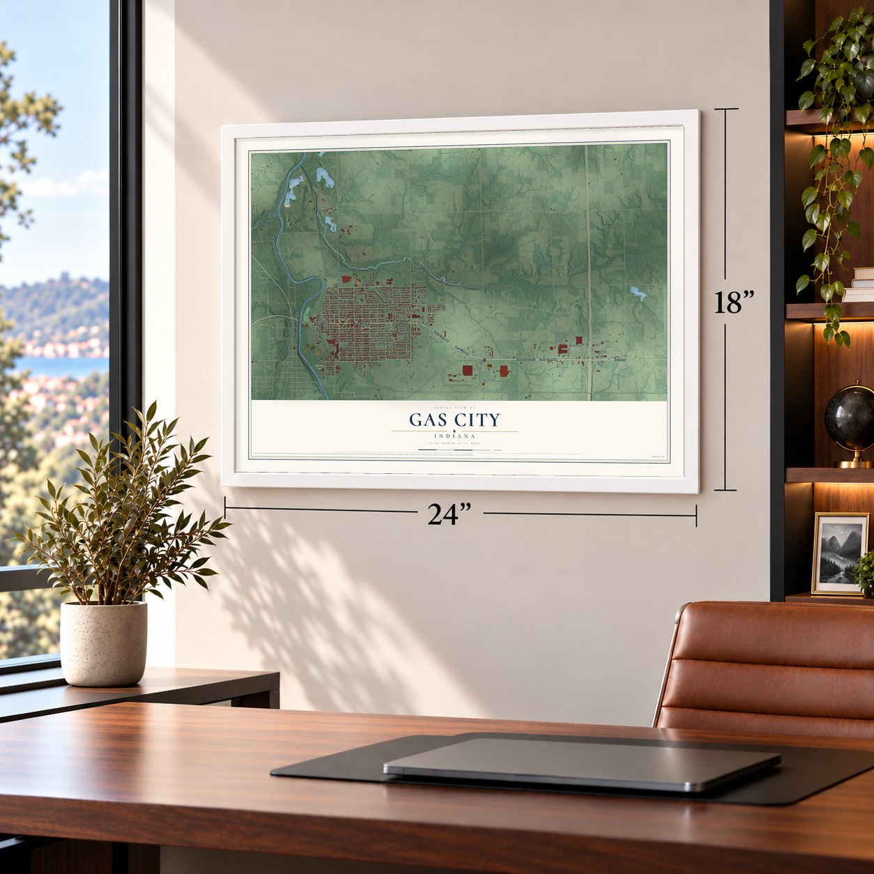 Gas City, Indiana map, 18 x 24 inch print in a white frame in a home office
