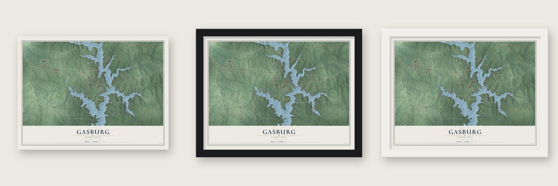 Gasburg, Virginia map unframed, in a black wood frame and in a white wood frame