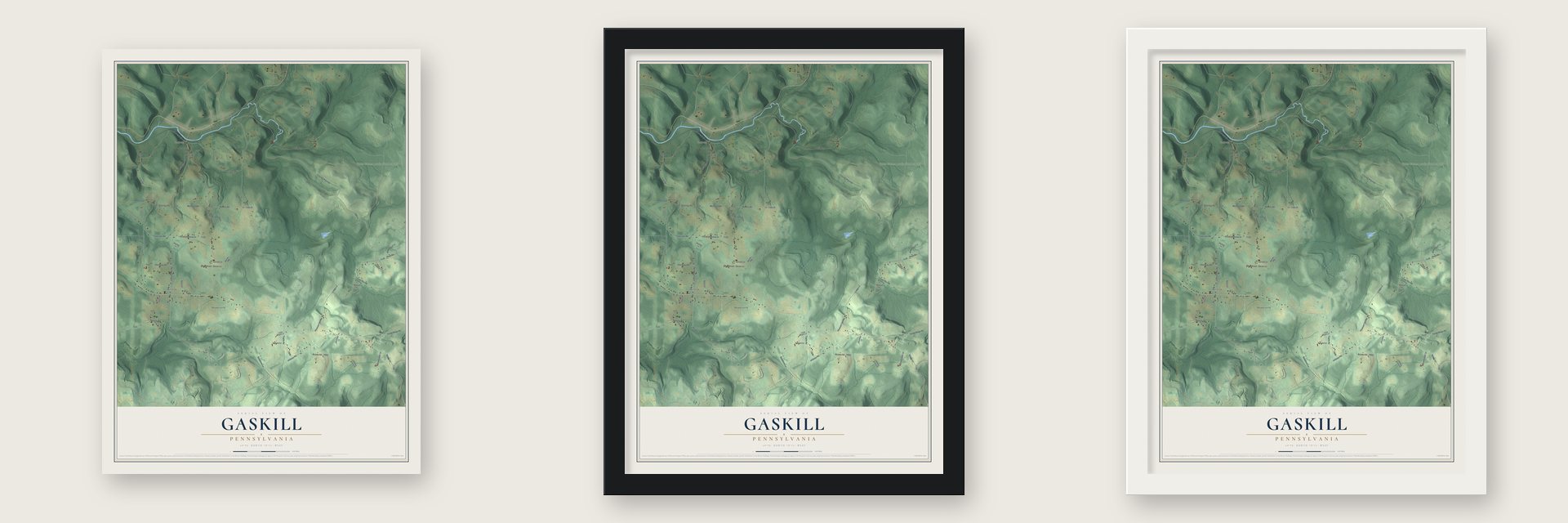 Gaskill, Pennsylvania map unframed, in a black wood frame and in a white wood frame