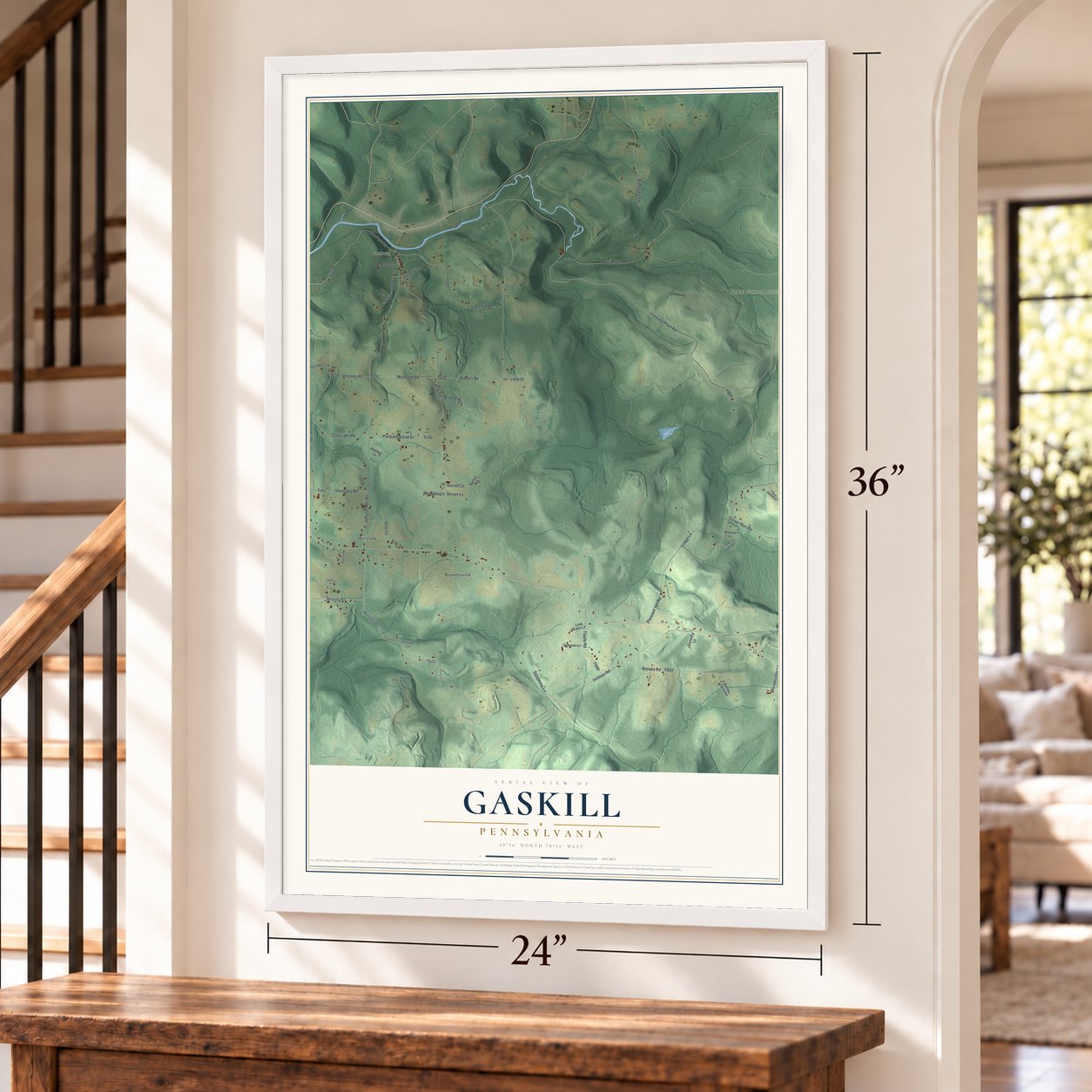 Gaskill, Pennsylvania map, 24 x 36 inch print in a white frame by a staircase