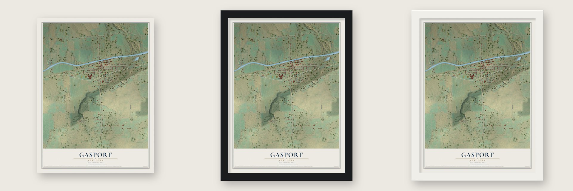 Gasport, New York map unframed, in a black wood frame and in a white wood frame
