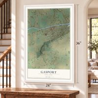 Gasport, New York map, 24 x 36 inch print in a white frame by a staircase