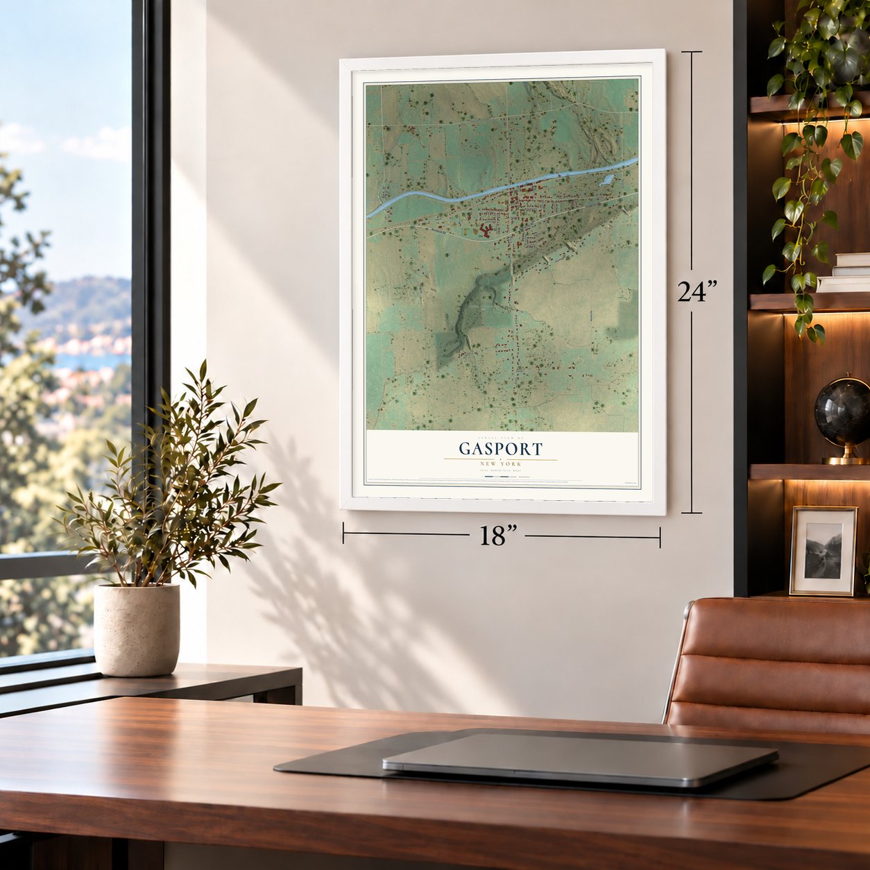 Gasport, New York map, 18 x 24 inch print in a white frame in a home office
