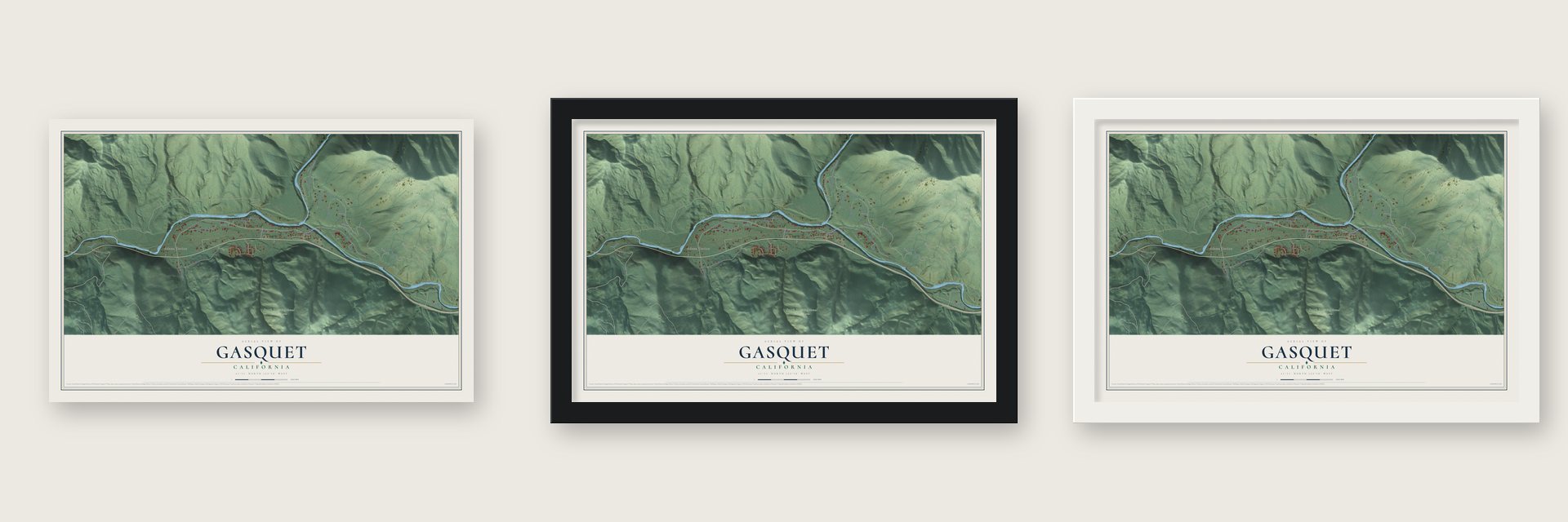 Gasquet, California map unframed, in a black wood frame and in a white wood frame