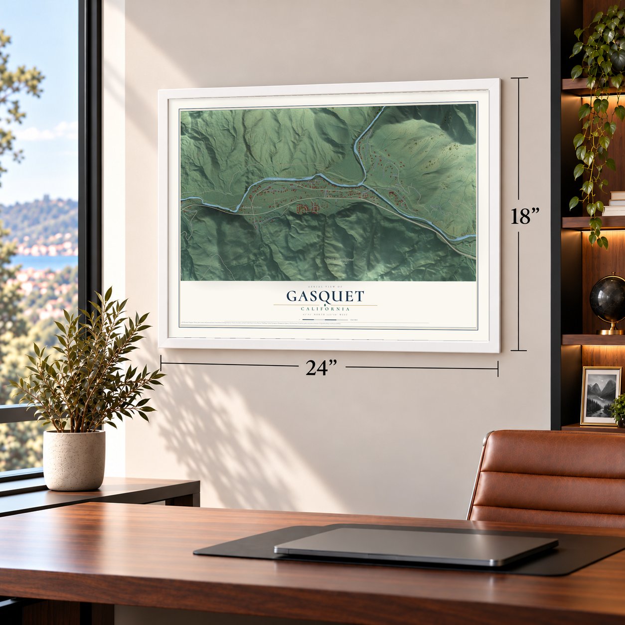 Gasquet, California map, 18 x 24 inch print in a white frame in a home office