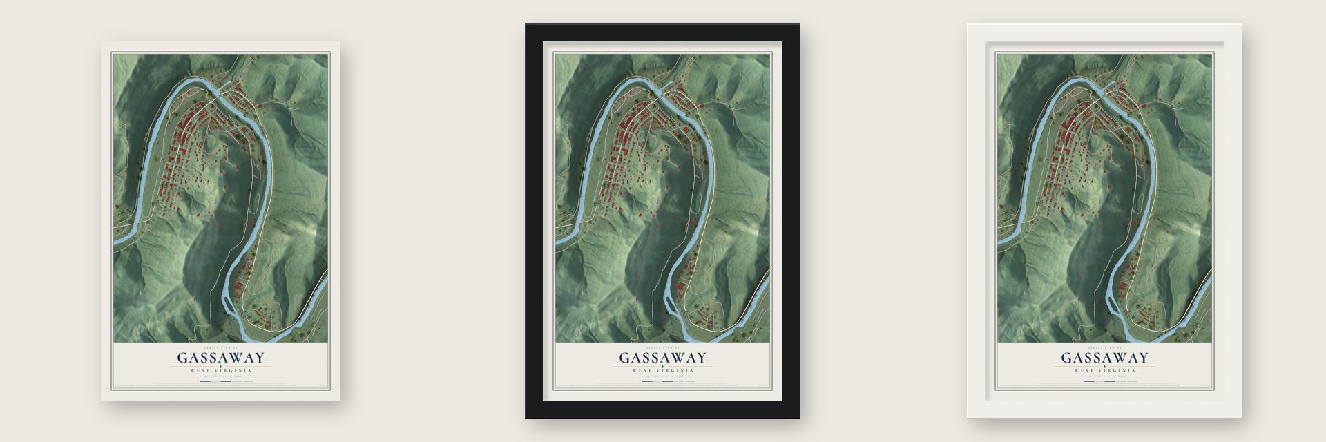 Gassaway, West Virginia map unframed, in a black wood frame and in a white wood frame