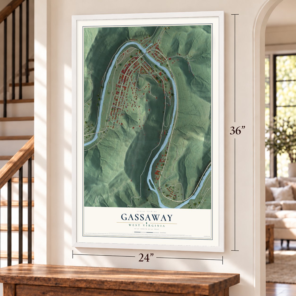 Gassaway, West Virginia map, 24 x 36 inch print in a white frame by a staircase
