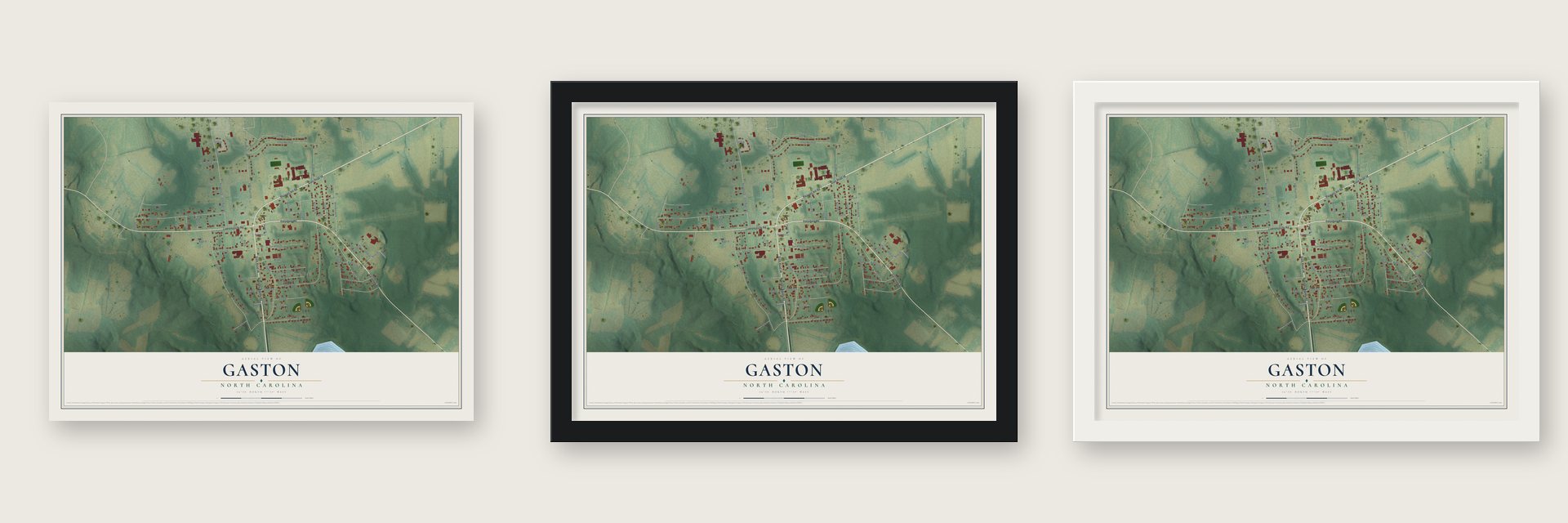 Gaston, North Carolina map unframed, in a black wood frame and in a white wood frame