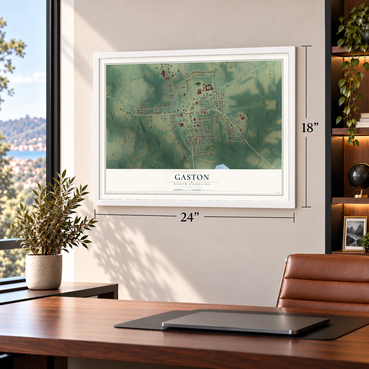 Gaston, North Carolina map, 18 x 24 inch print in a white frame in a home office