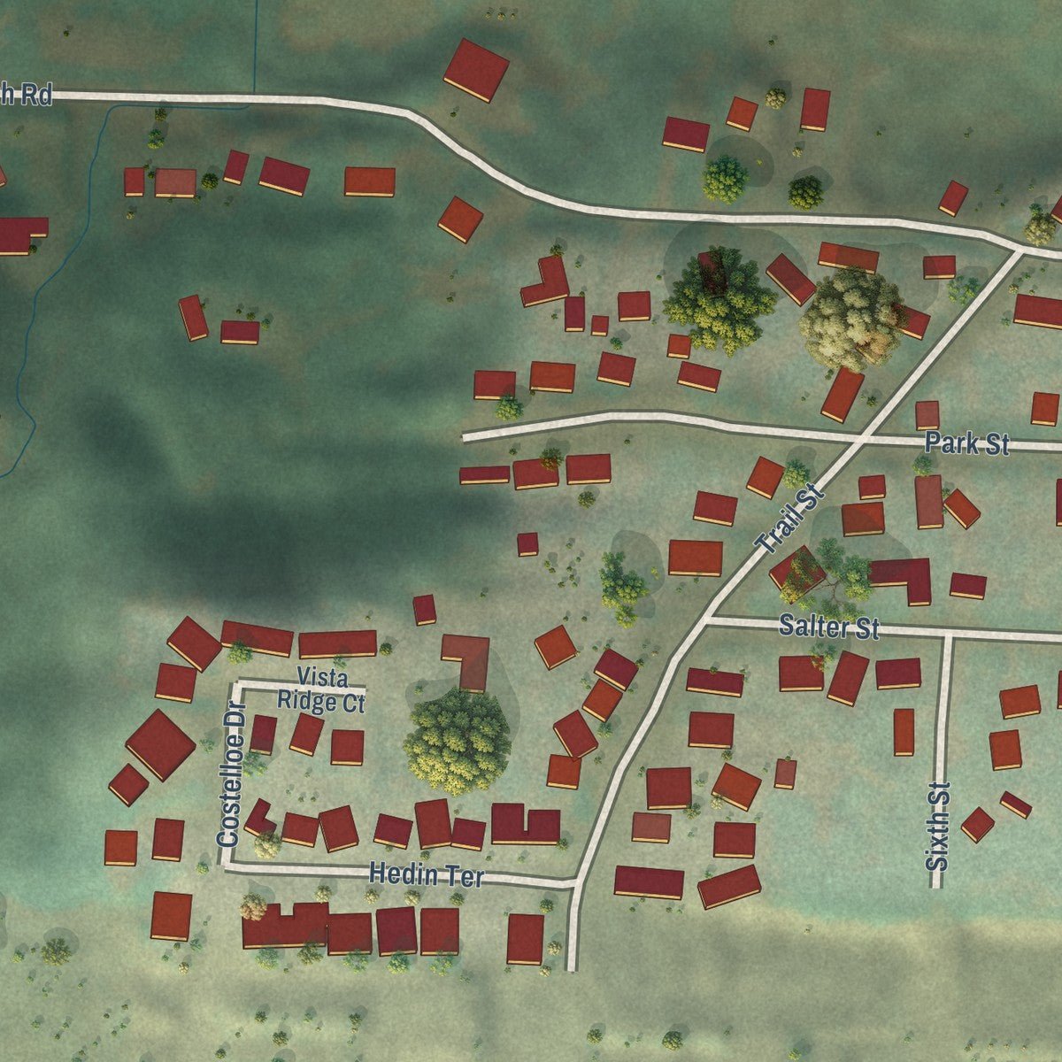 Second close-up of the map of Gaston, Oregon print showing more streets and buildings