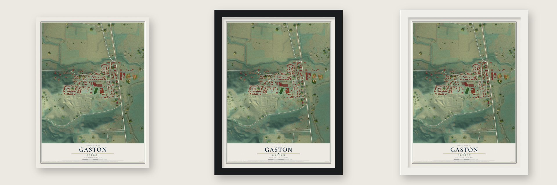 Gaston, Oregon map unframed, in a black wood frame and in a white wood frame