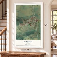Gaston, Oregon map, 24 x 36 inch print in a white frame by a staircase