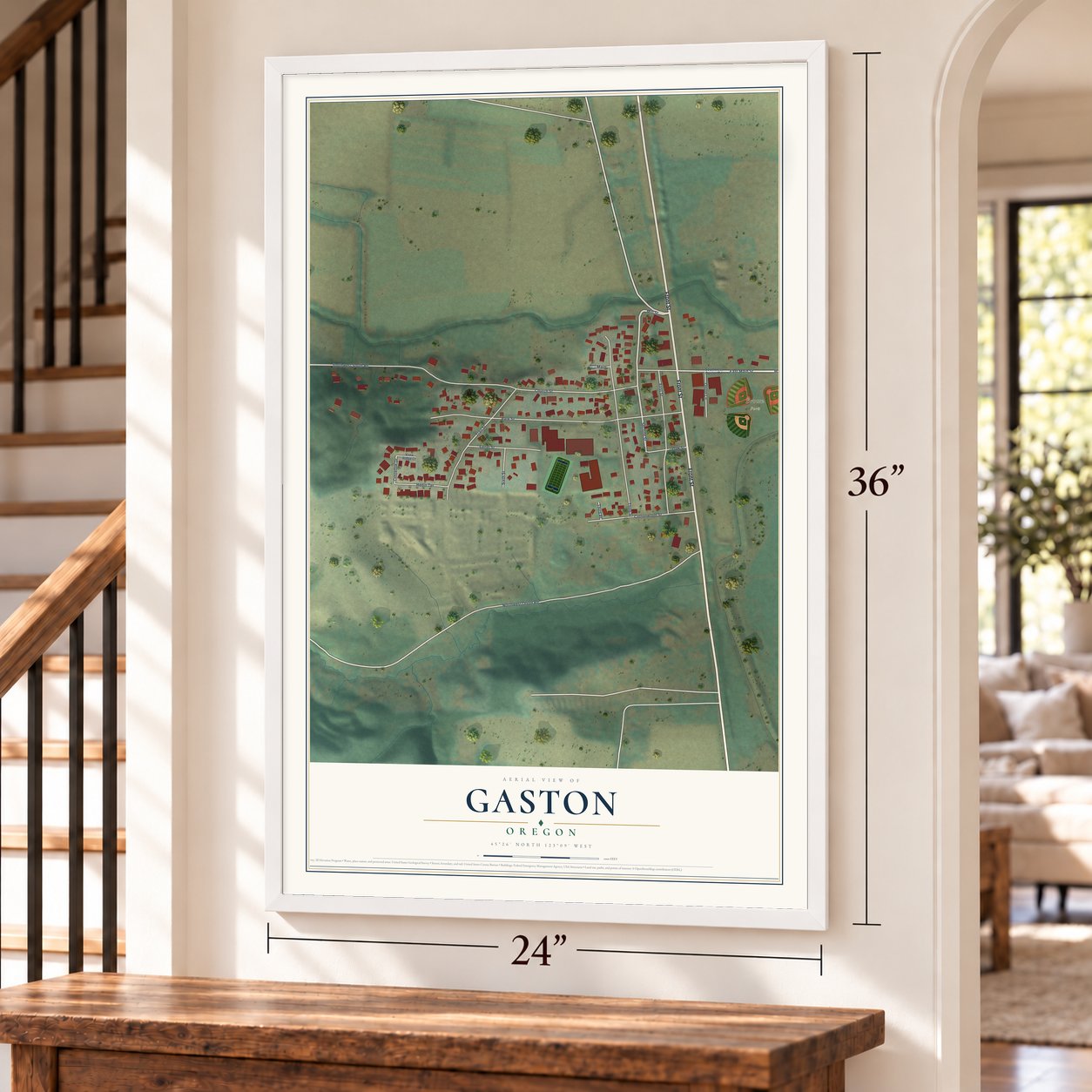 Gaston, Oregon map, 24 x 36 inch print in a white frame by a staircase