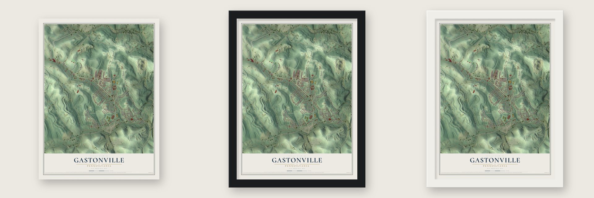 Gastonville, Pennsylvania map unframed, in a black wood frame and in a white wood frame