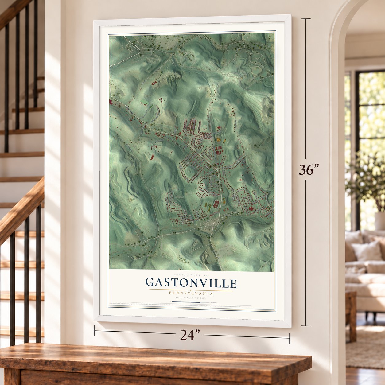 Gastonville, Pennsylvania map, 24 x 36 inch print in a white frame by a staircase