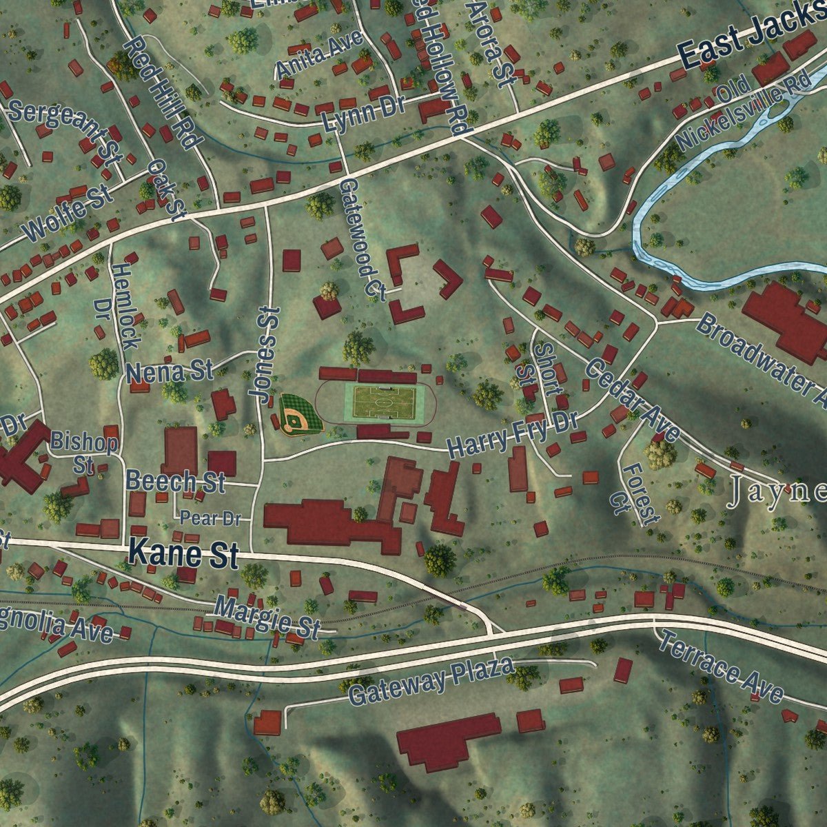 Second close-up of the map of Gate City, Virginia print showing more streets and buildings